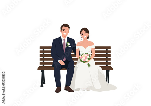 Newlyweds pose on a bench