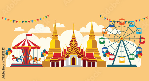 A vibrant fairground scene featuring a temple and amusement rides.