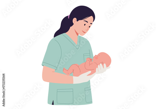 Nurse gently holds a baby in gloved hands gazing tenderly in a clinical setting