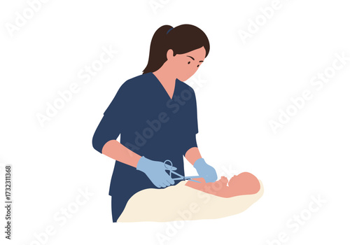 Nurse in blue uniform gloved cutting umbilical cord of newborn baby on pale cloth