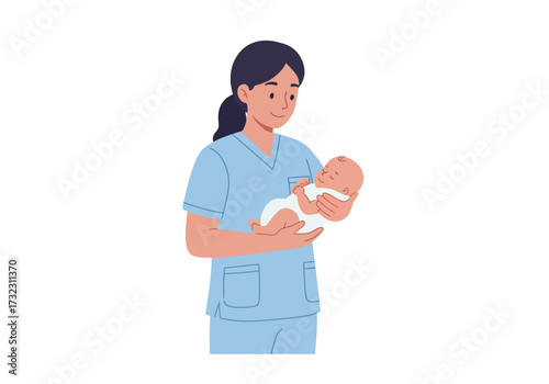 Nurse holds a baby in a hospital setting