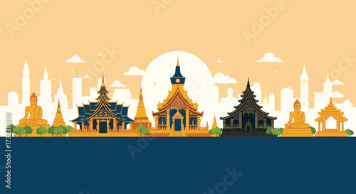 Iconic Asian temples and landmarks on a skyline.