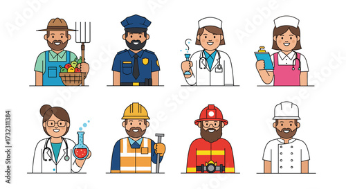 A collection of diverse professional avatars representing various occupations and career paths.