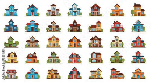 A diverse collection of residential homes with varied architectural styles and colors.