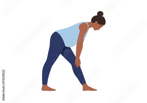 Pregnant woman in a light blue top and navy leggings bends forward hand on knee hair in a bun