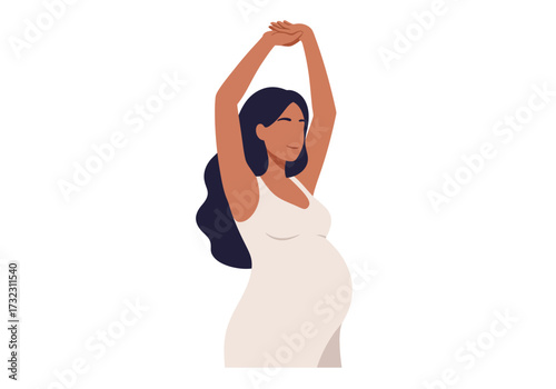 Pregnant woman in a white dress arms raised overhead against a white background