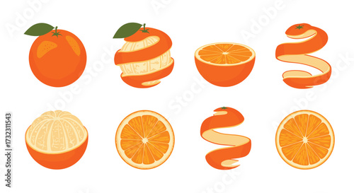 A collection of oranges in various stages of preparation for consumption.