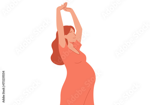 Pregnant woman in dress stretching arms overhead smiling
