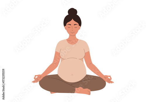 Pregnant woman in lotus position eyes closed hands in mudra