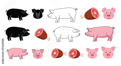 A collection of pig and pork related illustrations with cartoonish elements.