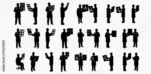 Silhouettes of medical professionals examining X-ray films in various poses.