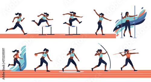 A collection of female athletes participating in various track and field events.
