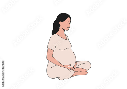 Pregnant woman sits crosslegged eyes closed hands on her belly