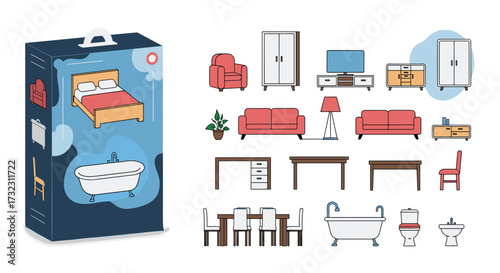A collection of pixel art furniture for interior design.