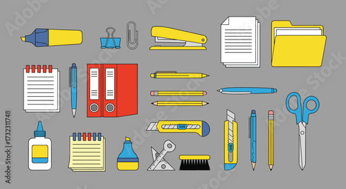 Collection of stationery items for office and school use.
