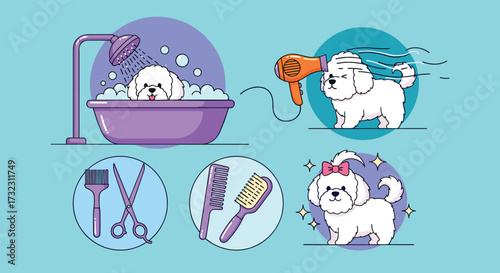 Creative illustration of a cute white dog undergoing grooming procedures.