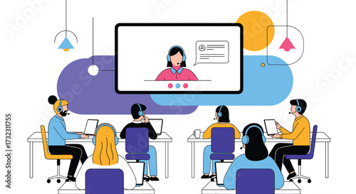 Students attending an online lesson together in a classroom.
