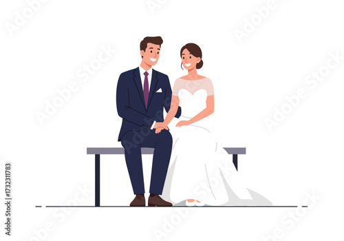 Seated bride and groom pose he in a dark suit she in a white gown