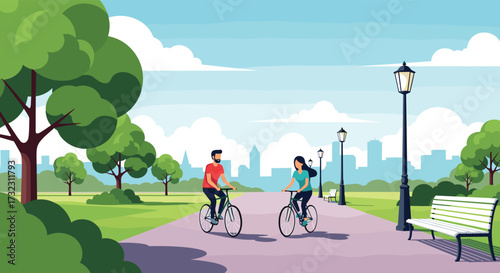 A couple enjoys a pleasant bike ride through a picturesque park.
