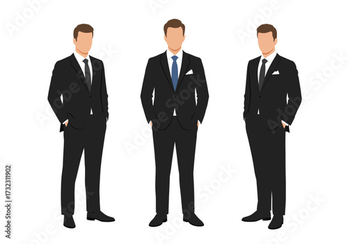 Three men in suits stand in a line facing forward showcasing formal attire