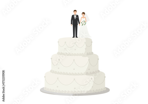 Threetier wedding cake with bride and groom figurines on top