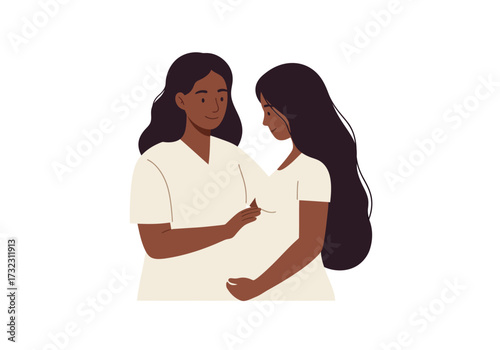 Two darkhaired women one with a hand on the others belly both wearing lightcolored tops against a white backdrop