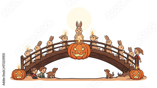 Halloween Bunny Bridge: A whimsical illustration depicts a charming Halloween scene, with adorable bunnies, children and a pumpkin bridge under the moon's soft glow.
