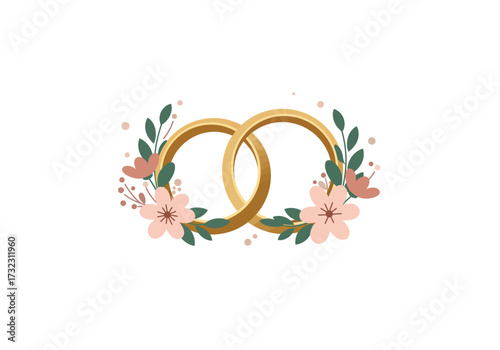Two gold wedding rings linked together adorned with flowers and foliage on both sides