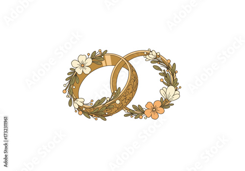 Two gold rings intertwined adorned with flowers and foliage