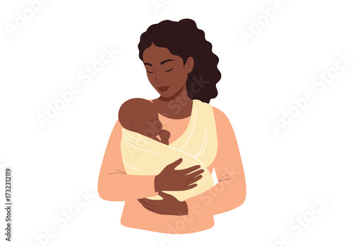 Woman of color holds her sleeping baby in a carrier wrap