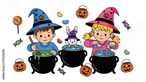 Halloween Cauldron Concoction: Playful depiction of Halloween with kids, each stirring a mystical potion. The scene is set with pumpkins and sweets. Perfect for seasonal themes.