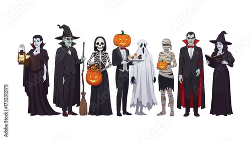 Halloween Costume Characters Lineup: A lively, friendly gathering of iconic Halloween characters in various costumes. Perfect for spooky events, parties and promotional material