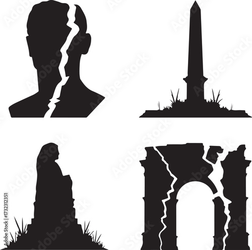 Cracked bust obelisk statue archway ruins black white