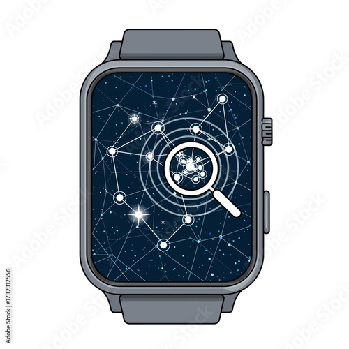 A smartwatch with a magnifying glass analyzing a complex data network on its screen, representing technology and connectivity.