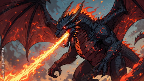 Fierce black dragon unleashes fiery breath in epic fantasy art