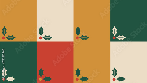 Eight squares of christmas colors with holly berries in corners creating a festive holiday pattern