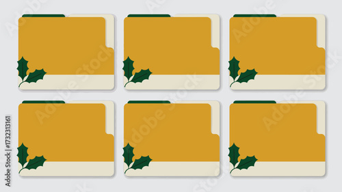 Six christmas themed folders with holly leaves arranged on a light gray background evenly spaced