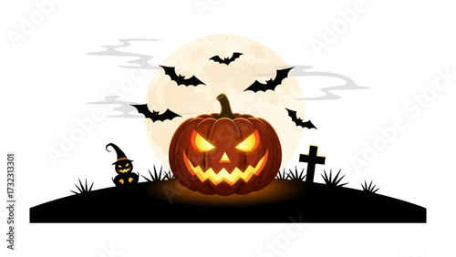Spooky Halloween Night: A carved jack-o'-lantern with a sinister grin glows ominously under a full moon, surrounded by bats and a graveyard cross, setting a chilling atmosphere for Halloween.