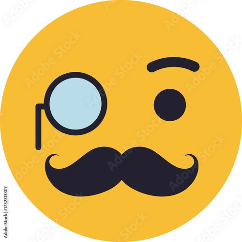 Dapper gentleman emoticon with a monocle and mustache winking, a vintage flat vector icon