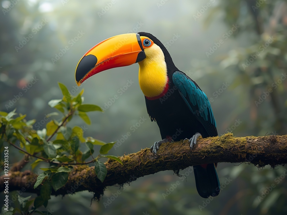 Obraz premium Vibrant toucan perched on a mossy branch in a lush, misty rainforest, showcasing its striking colorful beak and plumage.