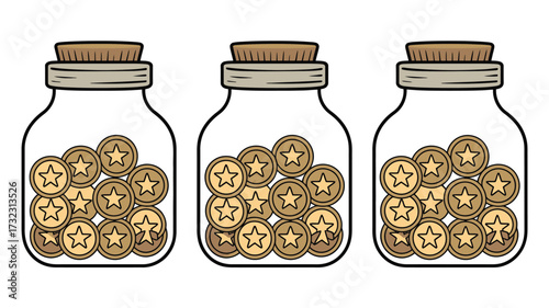 Three glass jars filled with gold coins each featuring a star symbol isolated on a white background