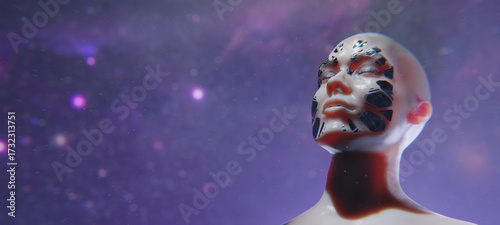 Tableau sur toile A futuristic humanoid robot with metallic skin and embedded circuits stands still with eyes closed, moments before awakening