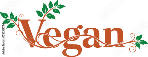 Vegan text with green leaves and vines on a white background. EPS-10.