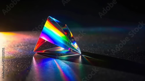 Triangular prism refracting light into rainbow spectrum on reflective surface