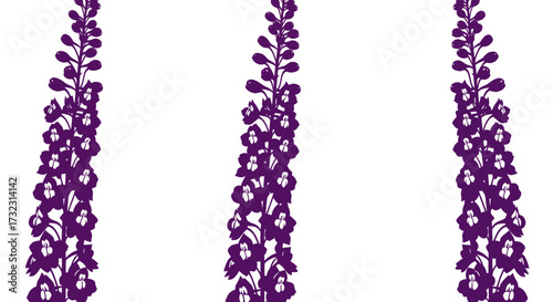 Three dark-purple floral stalks with small white accents