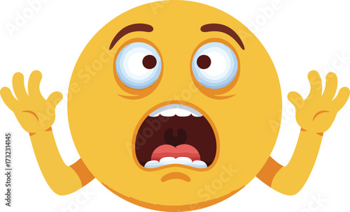 A yellow emoji face with wide, startled eyes and an open mouth, hands raised in a gesture of shock or fear.
