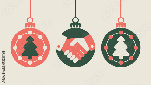 Three christmas ornaments with trees and handshake design hanging against a neutral background color