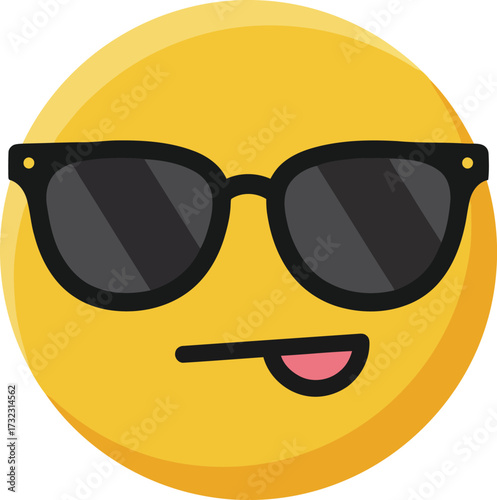 A vibrant yellow emoji face sporting cool, dark sunglasses, with a slightly mischievous expression and its tongue playfully peeking out.