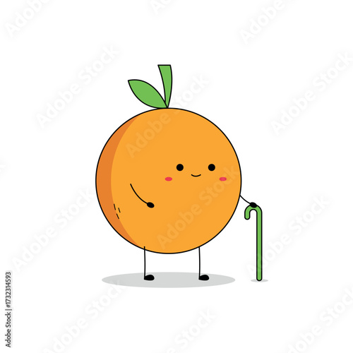 Cute orange fruit cartoon character using a cane doodle