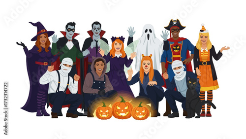 Halloween Costume Ensemble: A vibrant gathering of costumed individuals embodies the spirit of Halloween with a colorful array of characters.